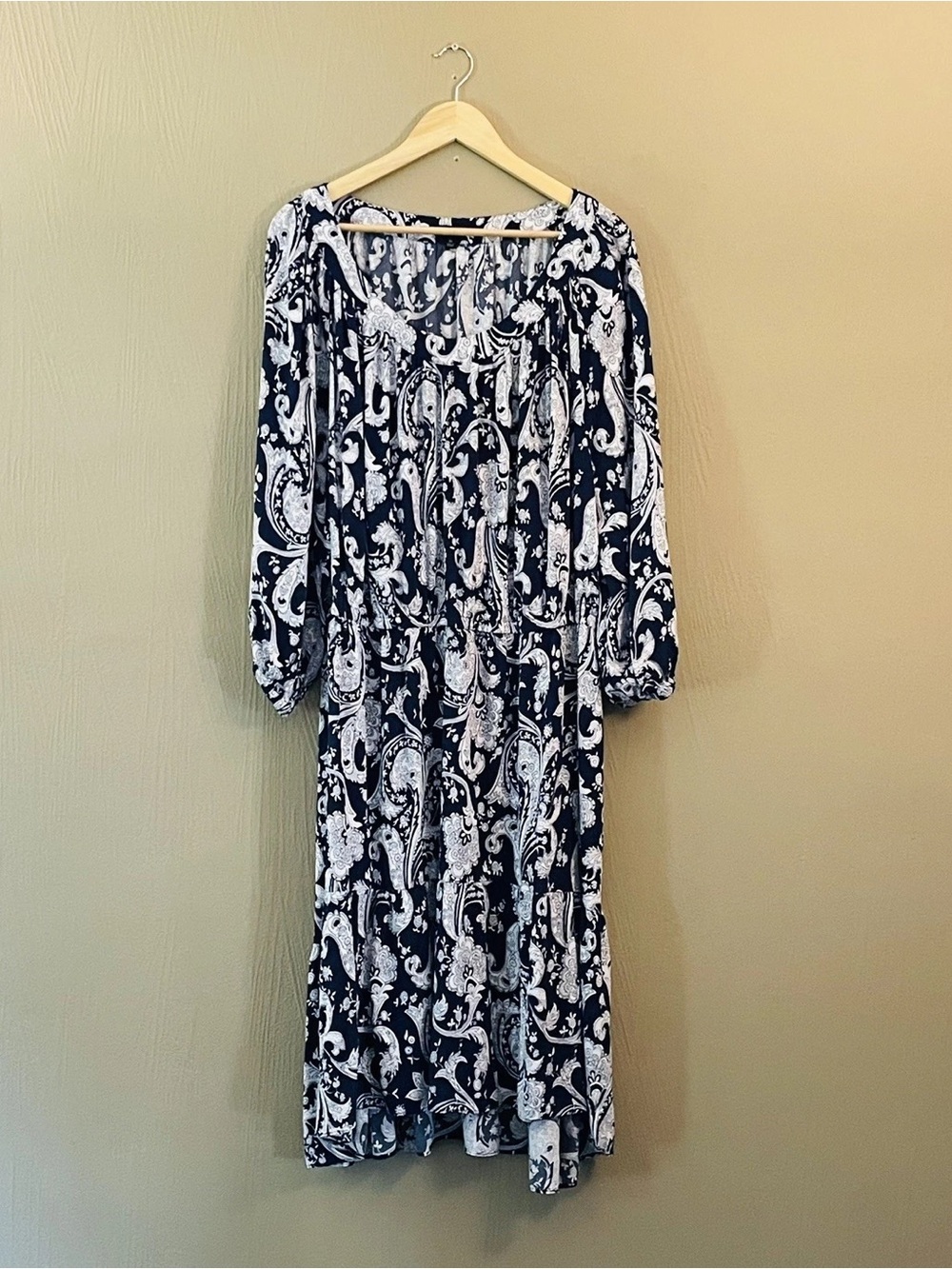 Talbots Navy & White Paisley Midi Dress with Scoop Neck
